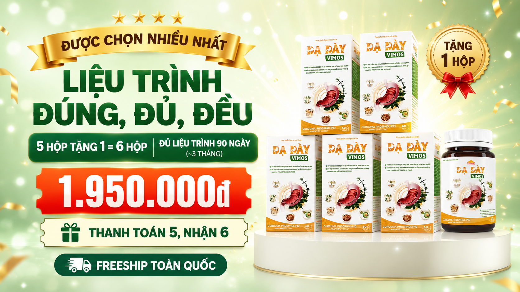 Combo Liệu Trình Đúng, Đủ, Đều — 5 hộp tặng 1, 6 hộp, 1.950.000đ, đủ liệu trình 90 ngày, freeship toàn quốc