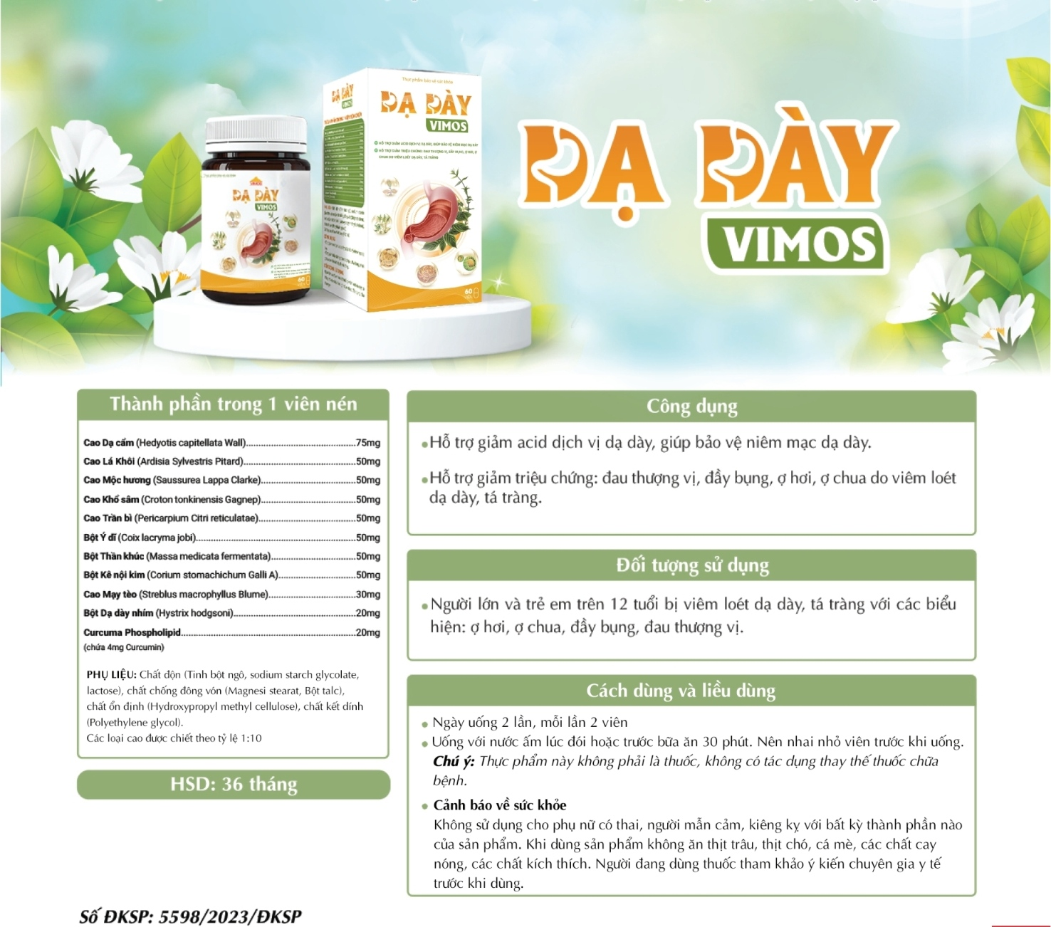 Thành phần, công dụng, đối tượng sử dụng, cách dùng và liều dùng, cảnh báo về sức khỏe của Dạ Dày Vimos