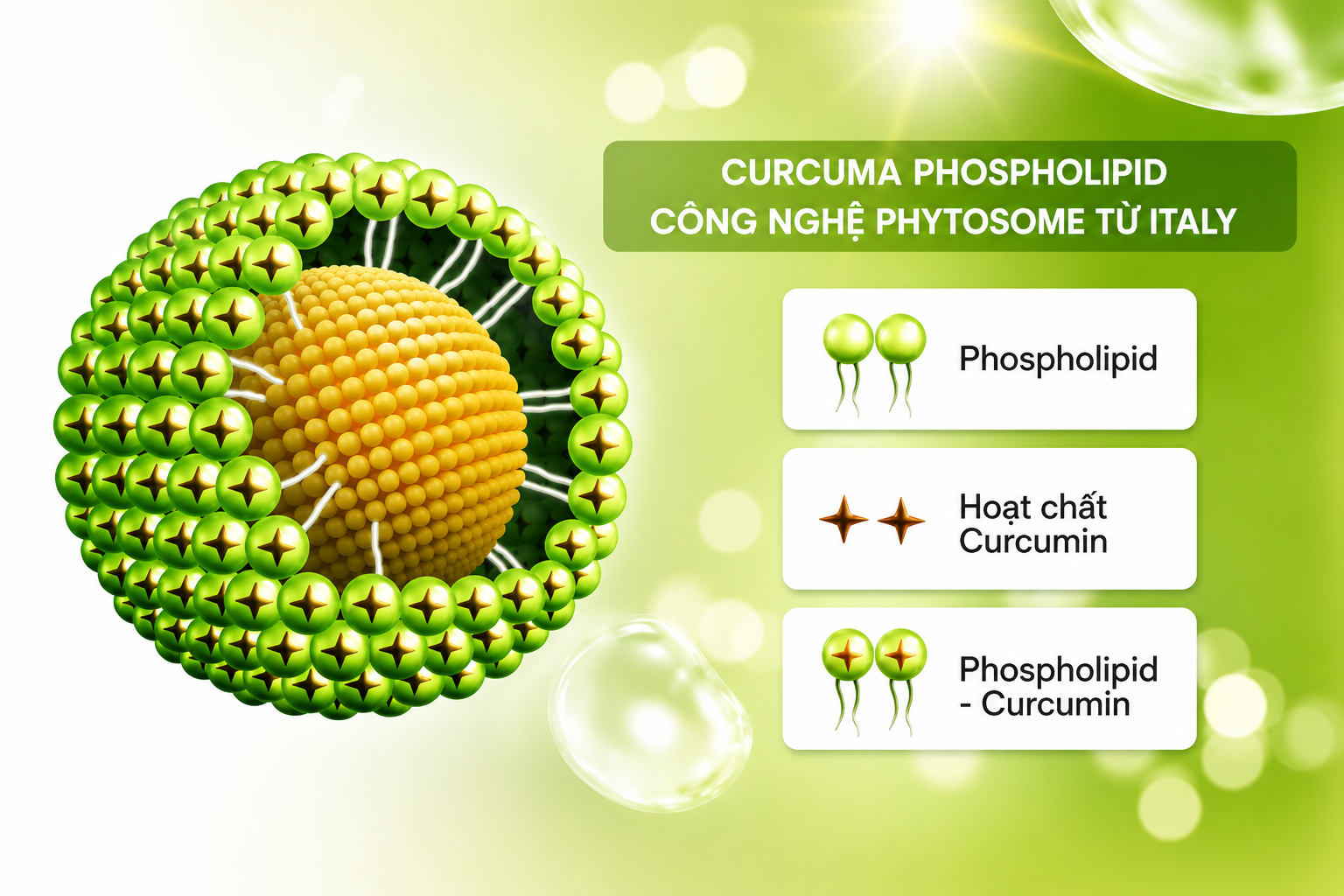 Cấu trúc Phytosome bao bọc Curcumin — công nghệ từ Italy